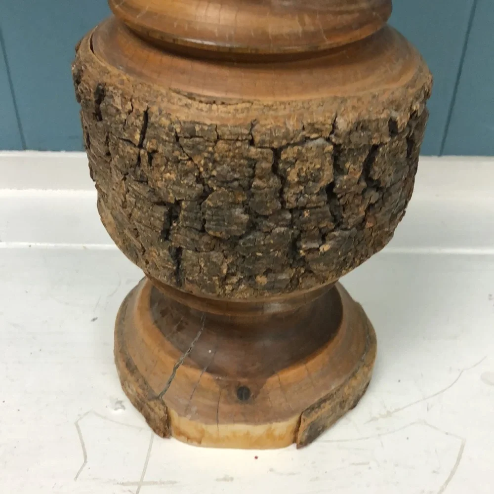 Vintage Large 15.5” Hand Turned‎ Wooden Vase Mantle solid wood with bark accents